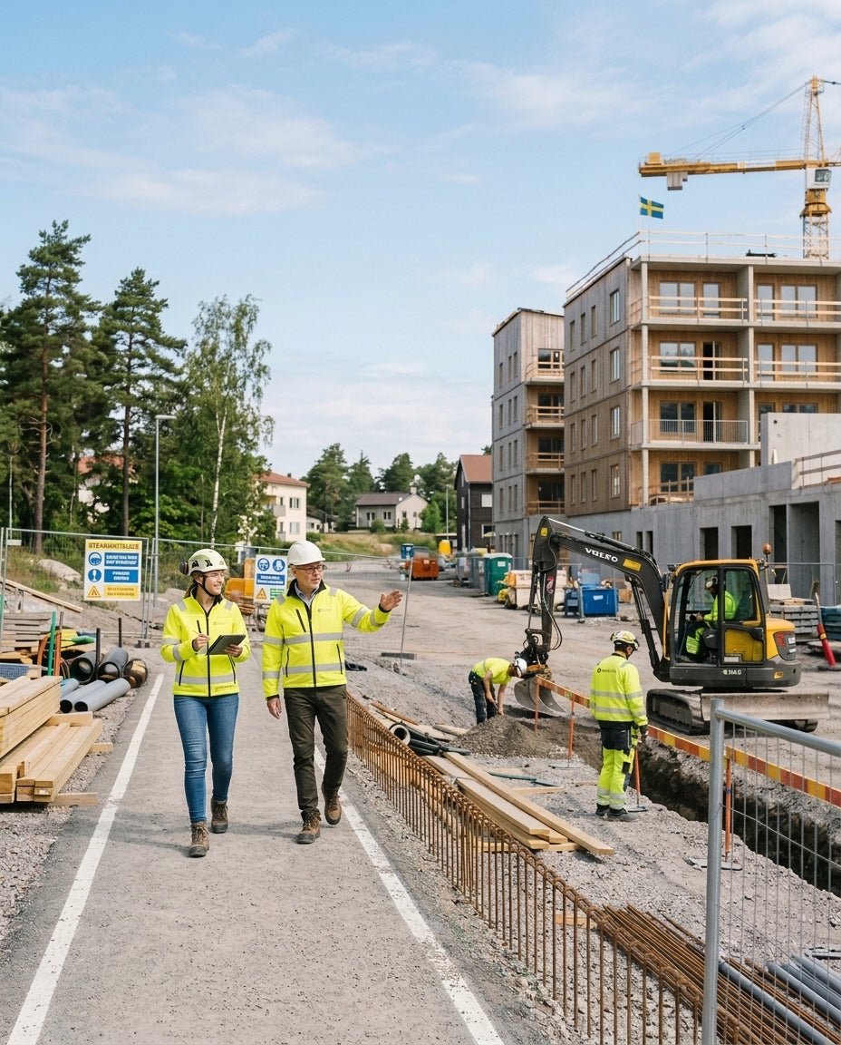Två byggarbetsmiljösamordnare i varselkläder på byggarbetsplats