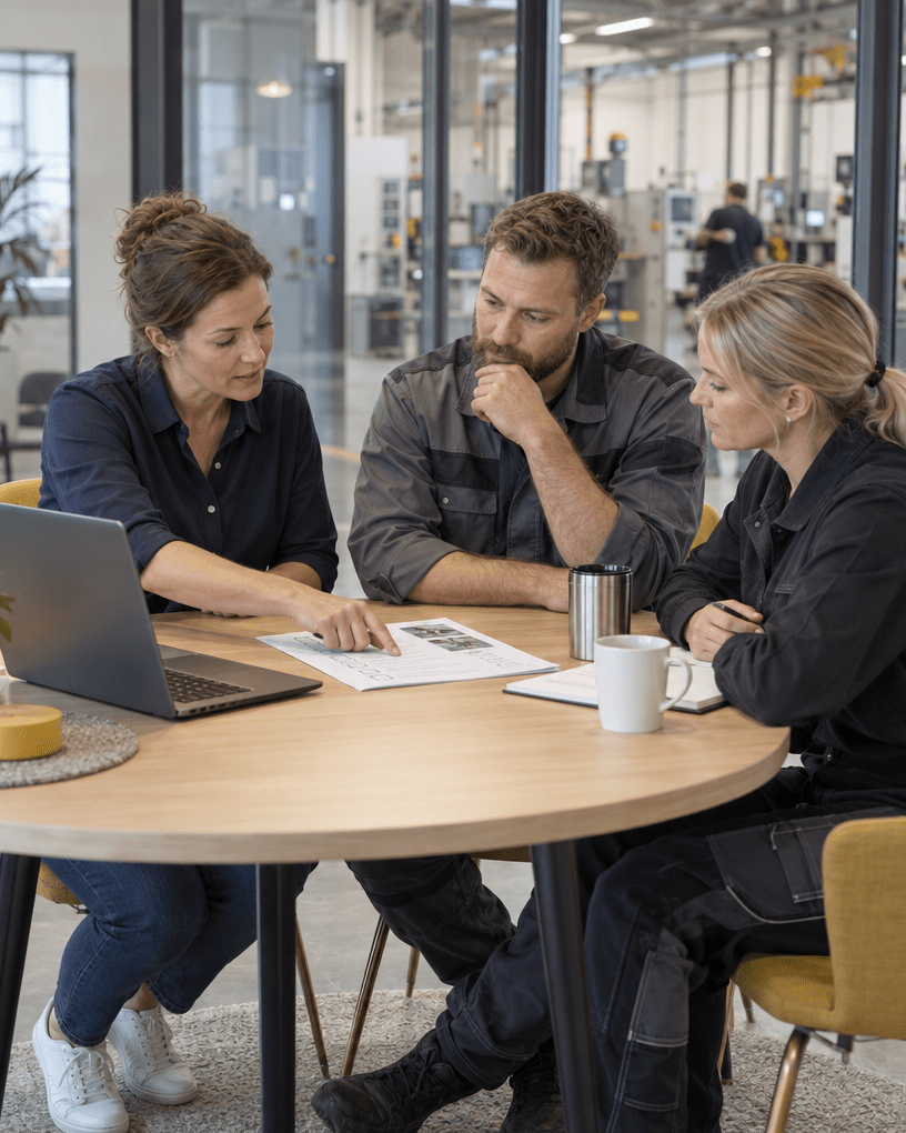 Tre kollegor går igenom en checklista för arbetsmiljö vid ett mötesbord med en industriverkstad i bakgrunden.