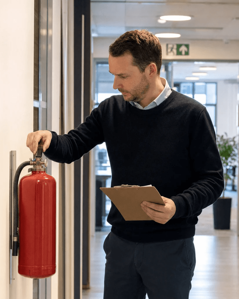 Brandskyddskontrollant kontrollerar en väggmonterad brandsläckare i en kontorskorridor och dokumenterar
