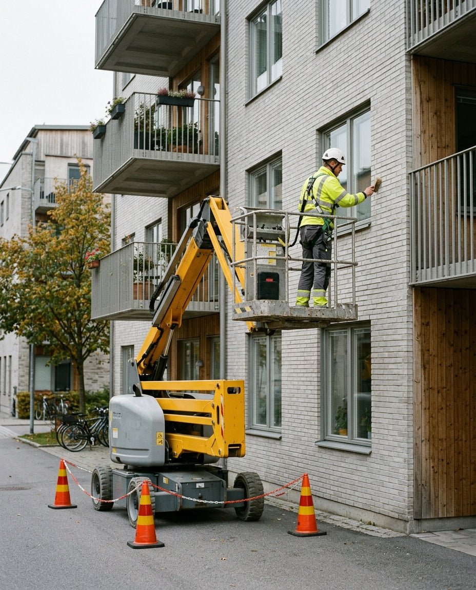 Arbetare i skylift arbetar på fasad, säkrad med sele